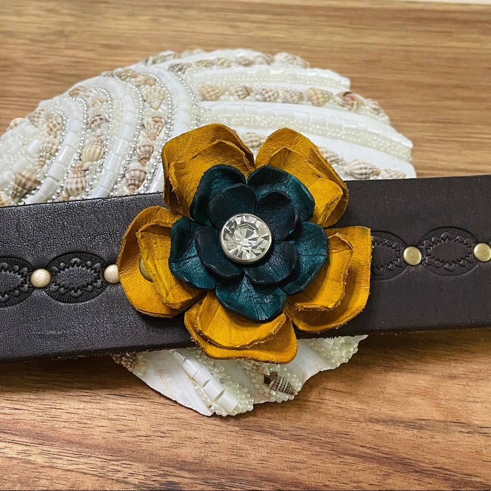 Brown Leather bracelet with mustard yellow/ teal flower and crystal jewelry